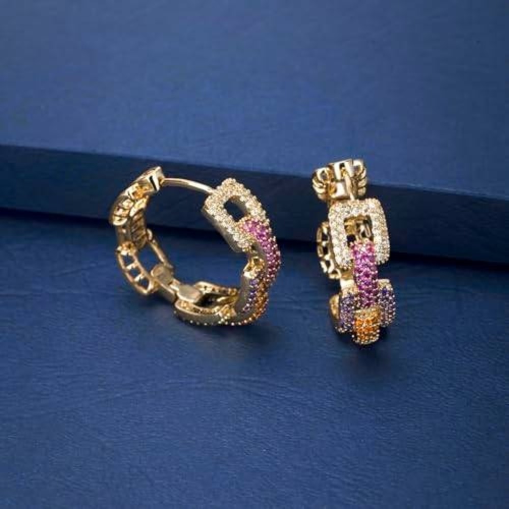 Multi Color Crystal Link Hoop Earrings Gold Tone Rainbow Pavé Chunky Chain Hoops